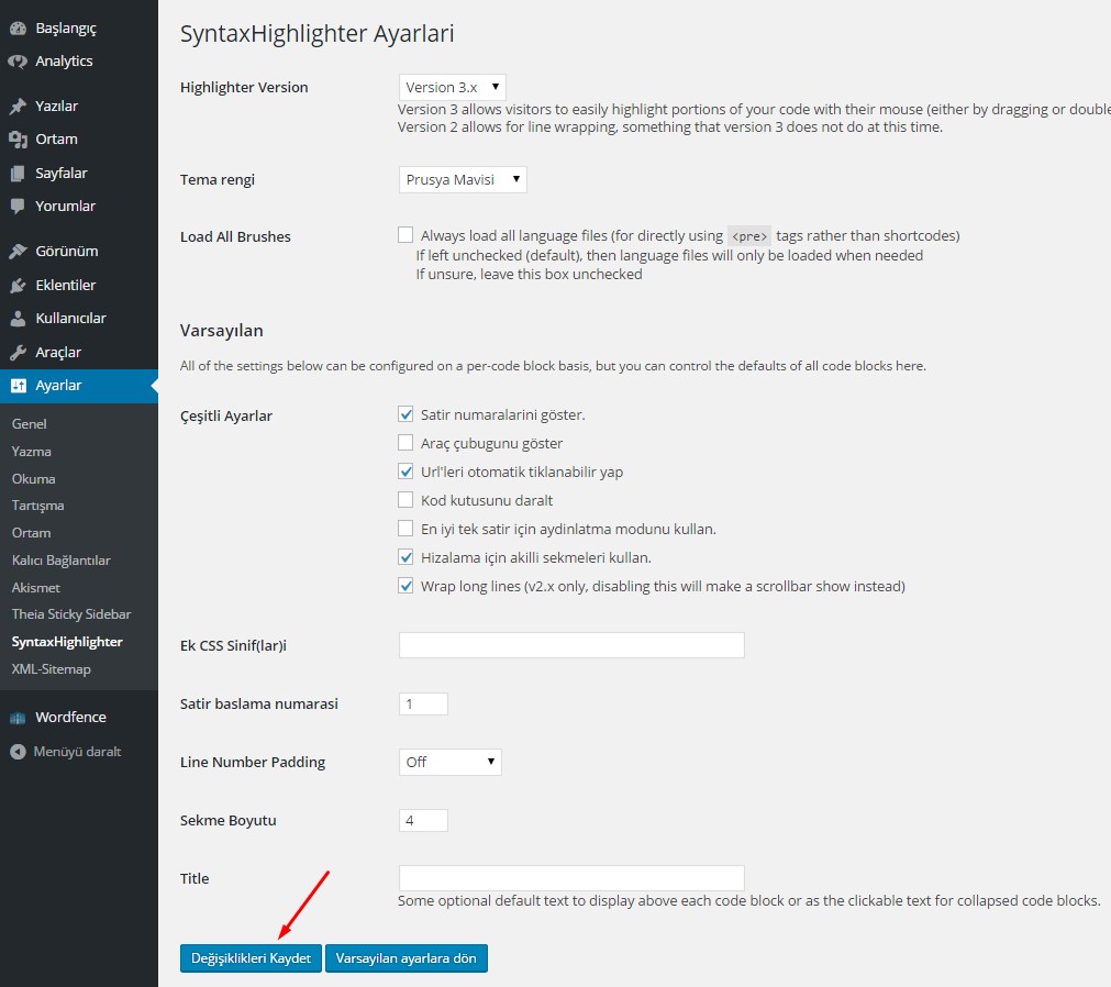 SyntaxHighlighter Ayarlari