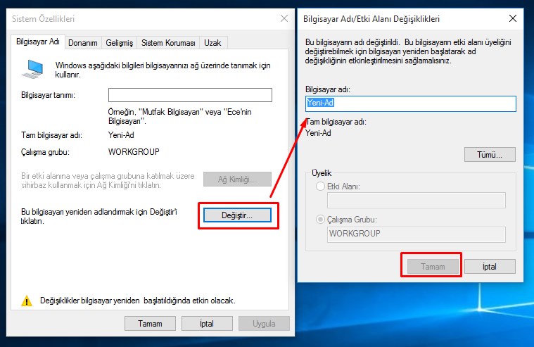 Windows 10 bilgisayar ismi değiştirme