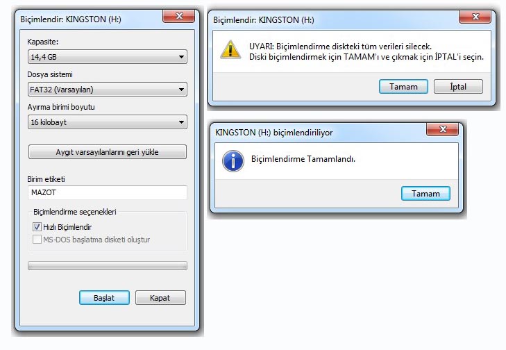 USB bellek biçimlendirme hatası çözümü